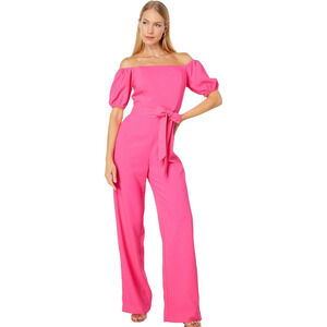 Lilly Pulitzer Jada Off Shoulder Jumpsuit Pink Isle Belted Puff Sleeve Sz 8 NWT